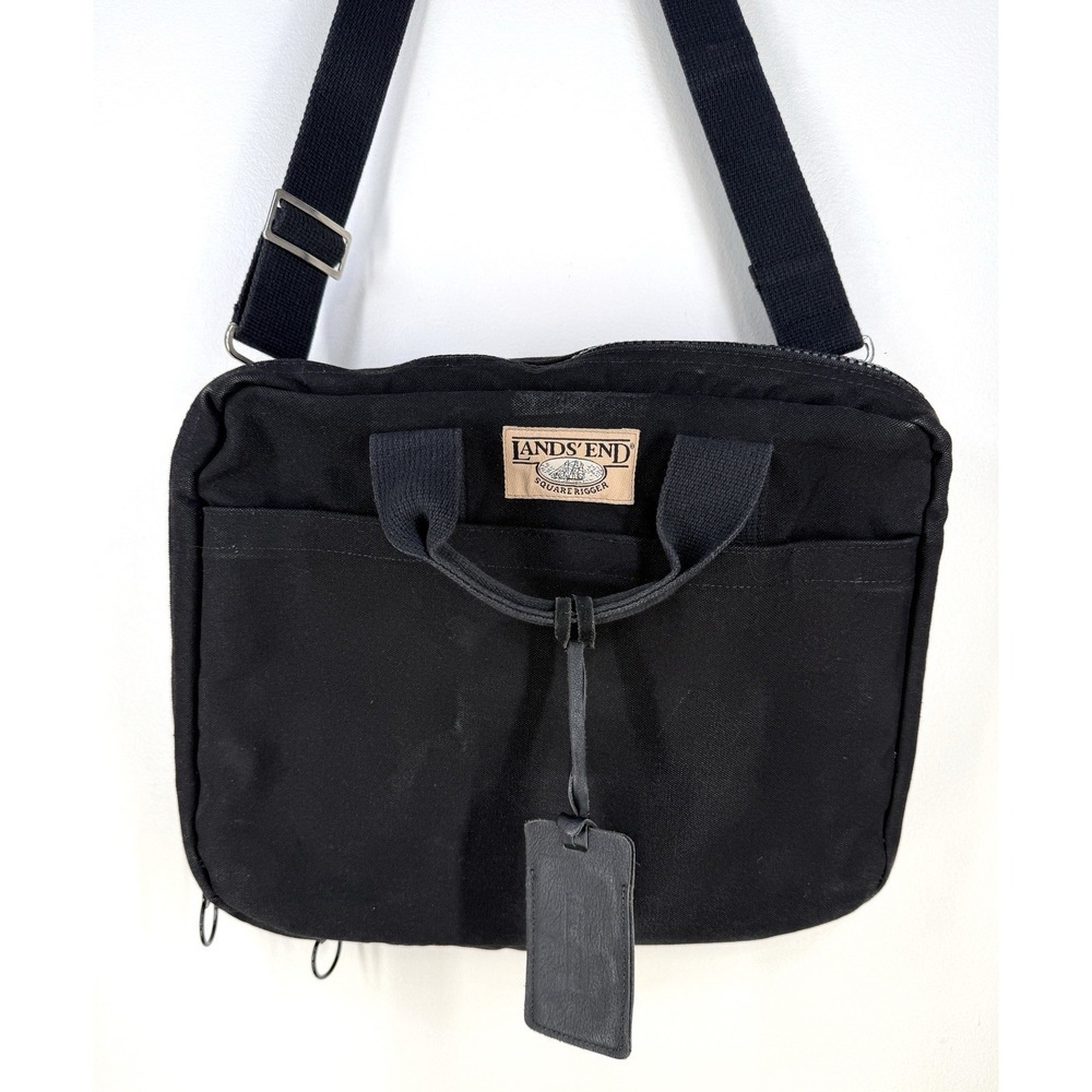 Lands' End Vintage Canvas Leather Square Rigger Bag Black Briefcase Adjustable